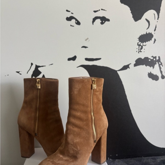 Michael Kors Shoes - Michael Kors Cognac Suede Block Heel Ankle Boots with Gold Zip